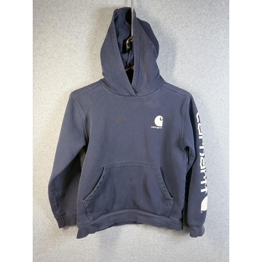 Carhartt Sweatshirt Boys L 14-16 Blue Fleece Pullover Graphic Logo Hoodie